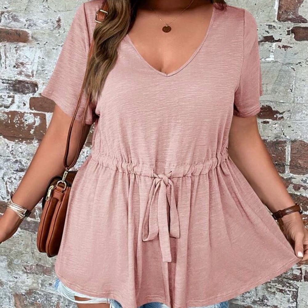 Emery Rose (SHEIN) Pink V-Neck Blouse with Tie Waist